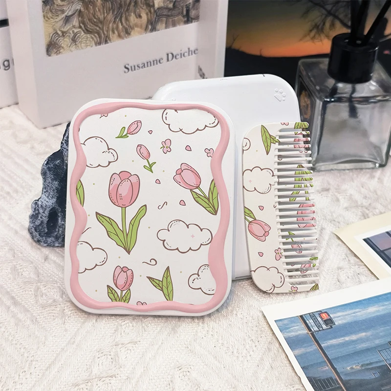 Flores flip-top dobrável espelho de maquiagem portátil espelho de bolso feminino retângulo cosméticos compõem espelho com pente