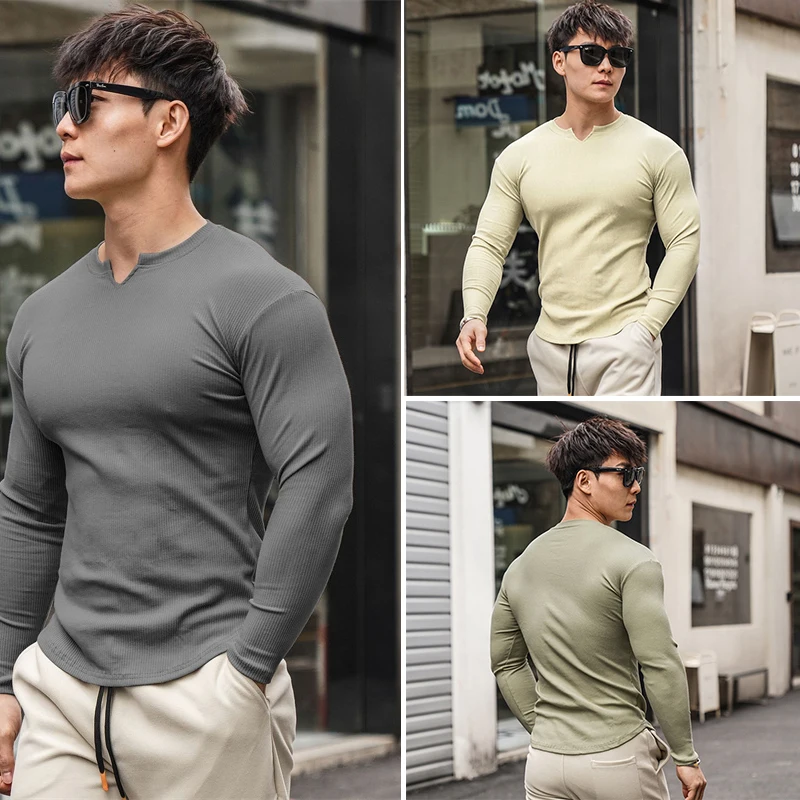 2023 New Fashion Casual Compression Shirt Large Sports Workout T-shirt Men's Elastic Long Sleeve Autumn V-Neck Gym