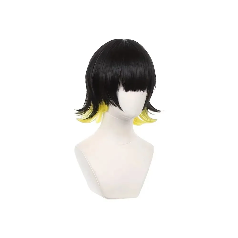 Anime Cosplay Wig Black Yellow Ombre Short Hair Straight Bangs Synthetic Heat Resistant Wig For Men Women Game Role Play