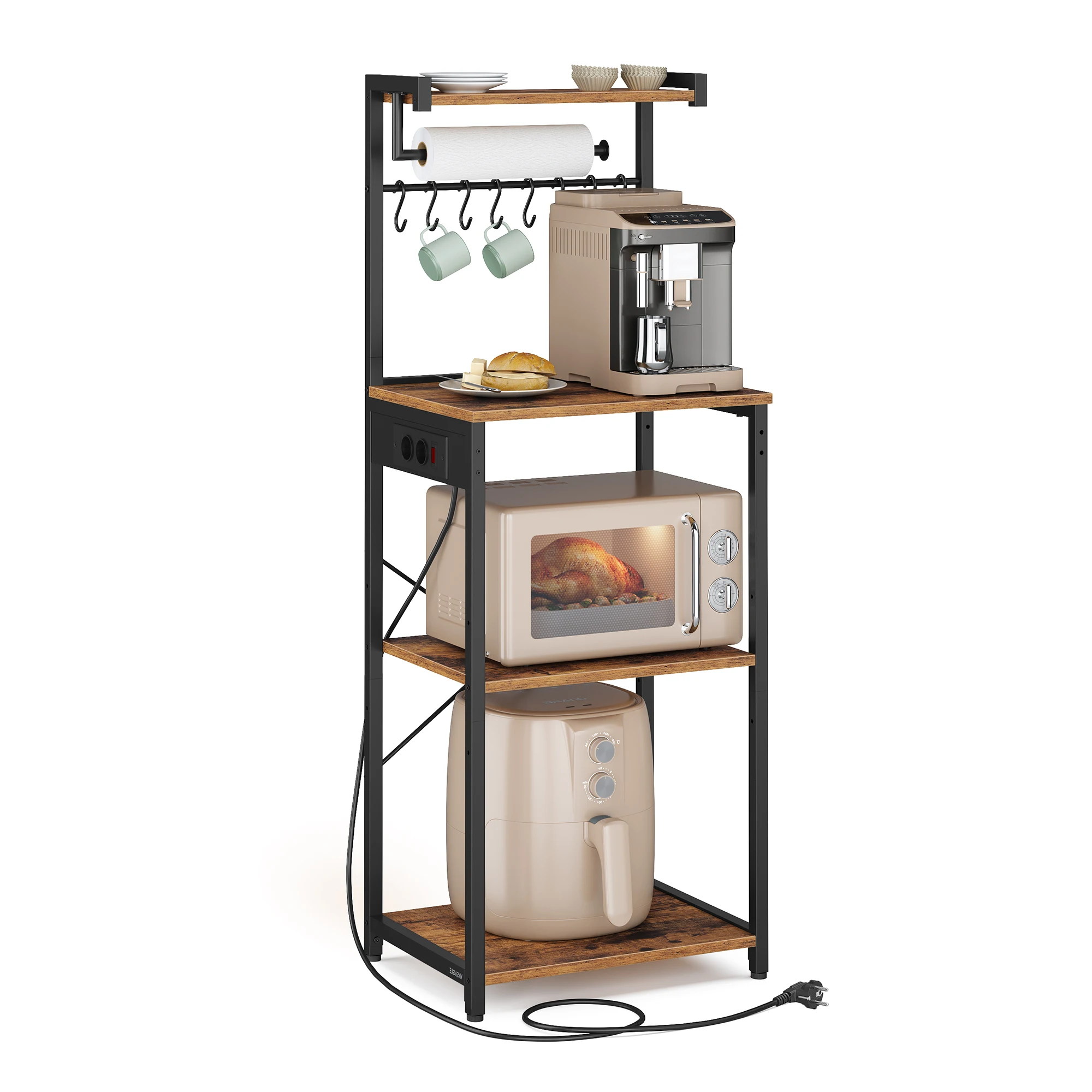 VASAGLE 4-laags staand keukenrek met oplaadstation, 8 haken, 40x45x140cm