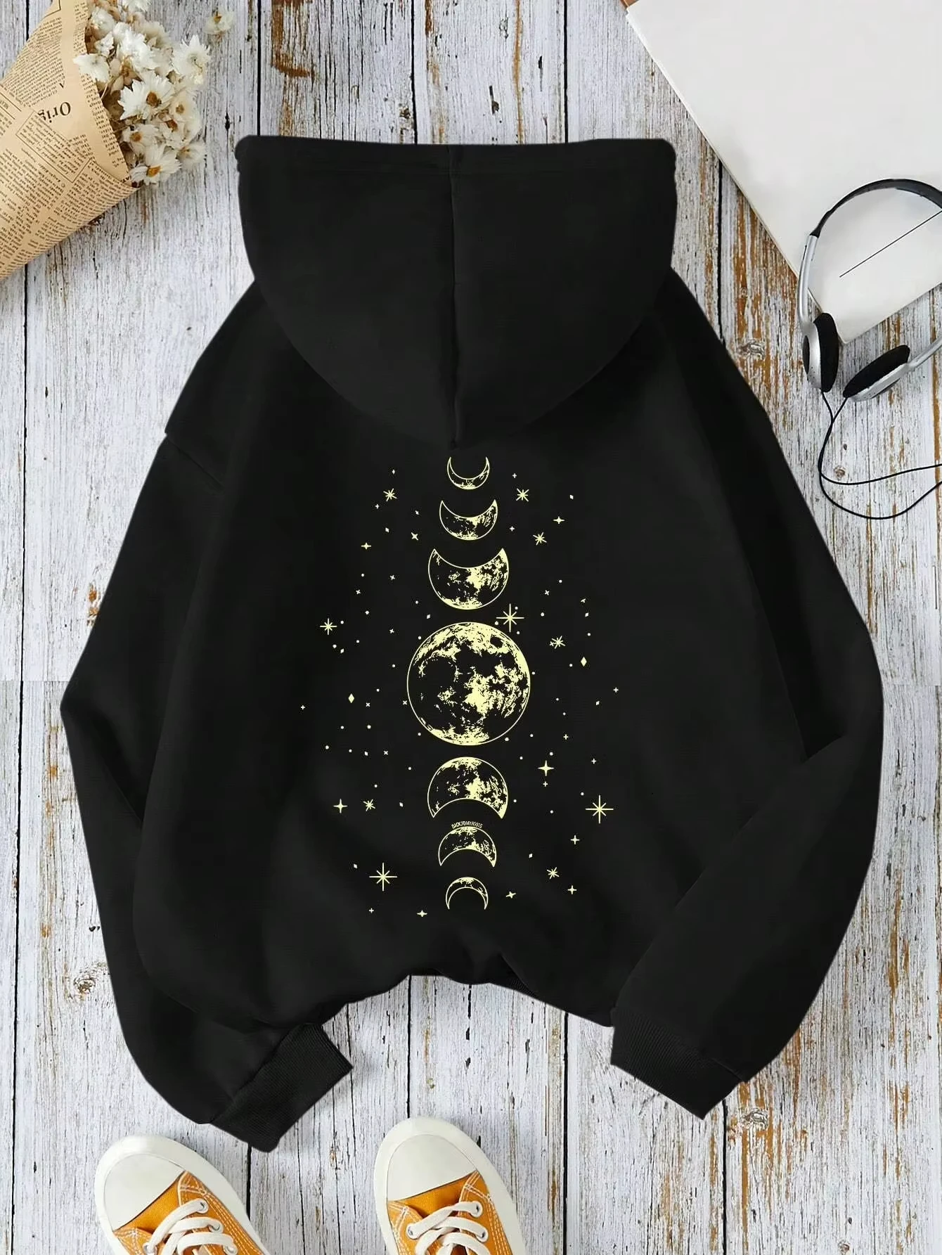 New Hoodies with Different Moon Prints, Front and Back Printed Hoodies Casual and Fashionable Y2K Women's Clothing High Street