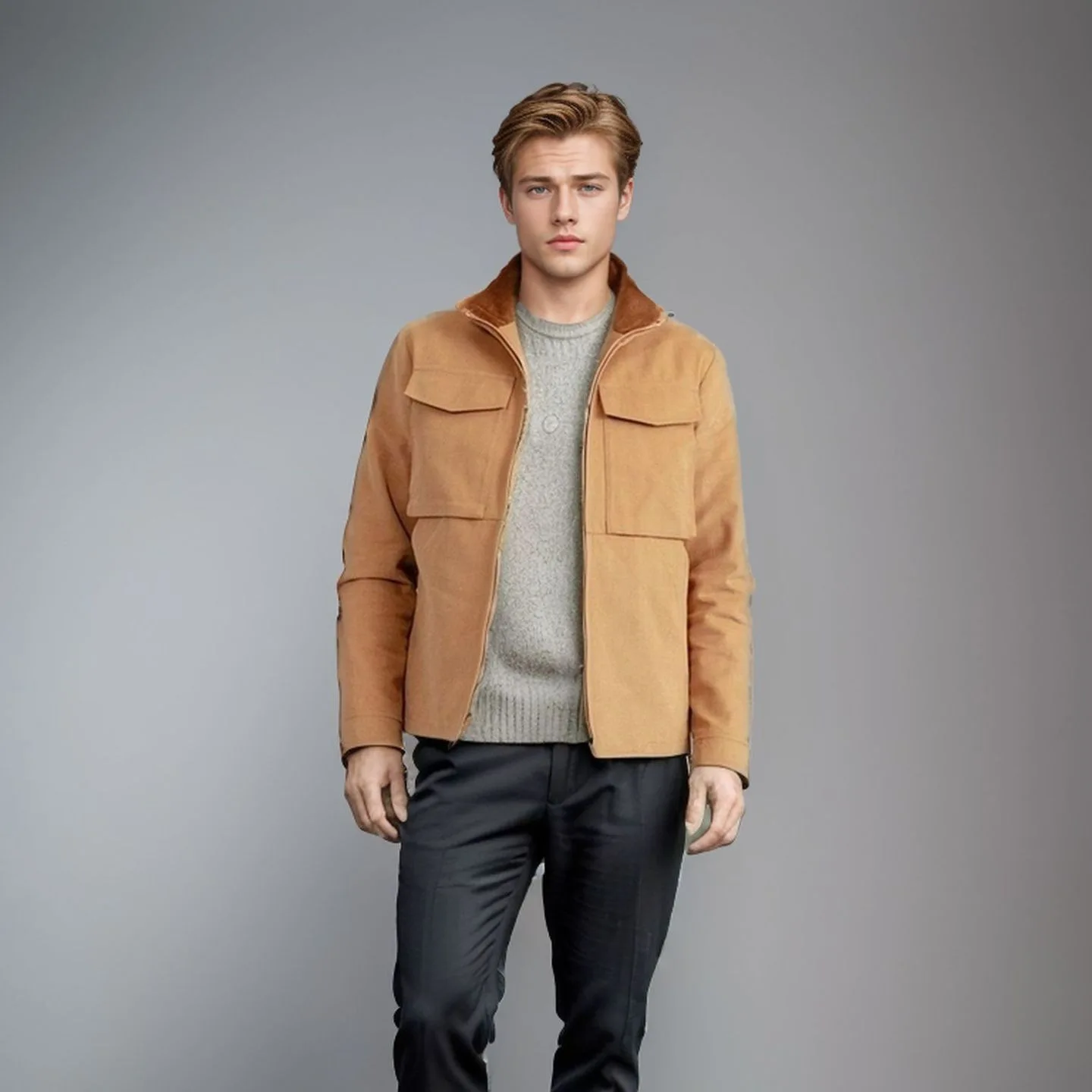 

2024 Men's Pocket Zipper Lapel Tooling Jacket Solid Color Jacket Men's Fashion Windpro Wear-resistant Trend