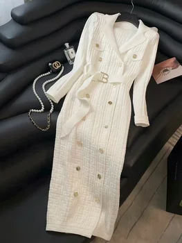 2024 Primavera Nuovo Francese Elegante Lavorato A Maglia Vestito Longuette Delle Donne di Modo Risvolto Cintura A Maniche Lunghe TwoBreasted Stretch Vestito Da Partito Femminile
