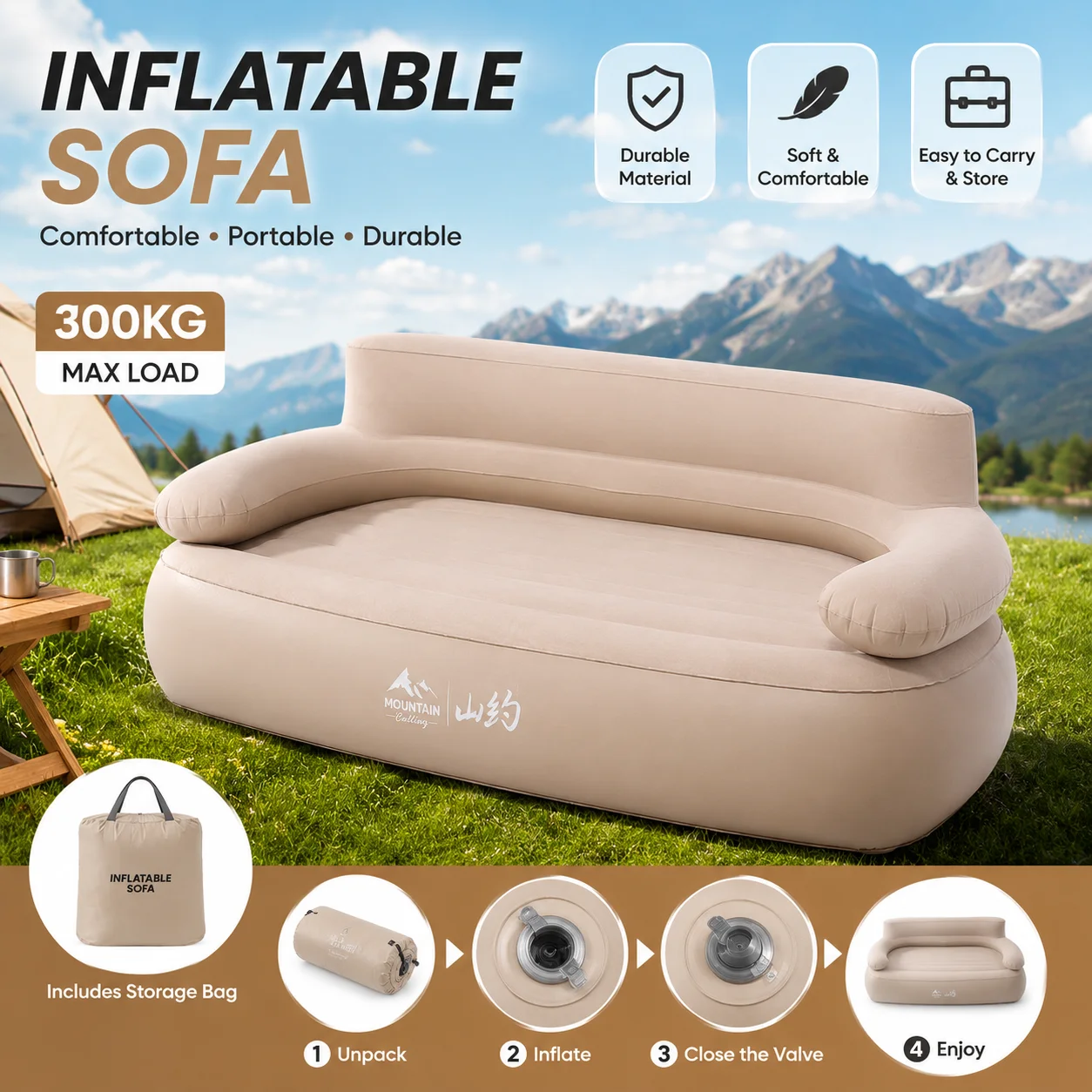 Self Inflating Camping Sofa Bed 2 in 1 Folding Air Couch Lounger Automatic Inflatable Mattress Portable Recliner for Outdoor Bea