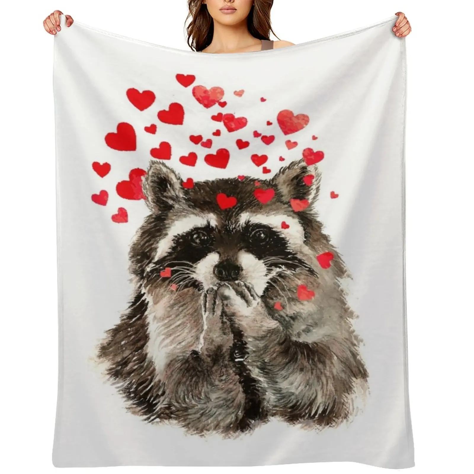 

Cute Watercolor Raccoon Blowing Kisses & Hearts Throw Blanket Baby Designers Decoratives halloween Blankets