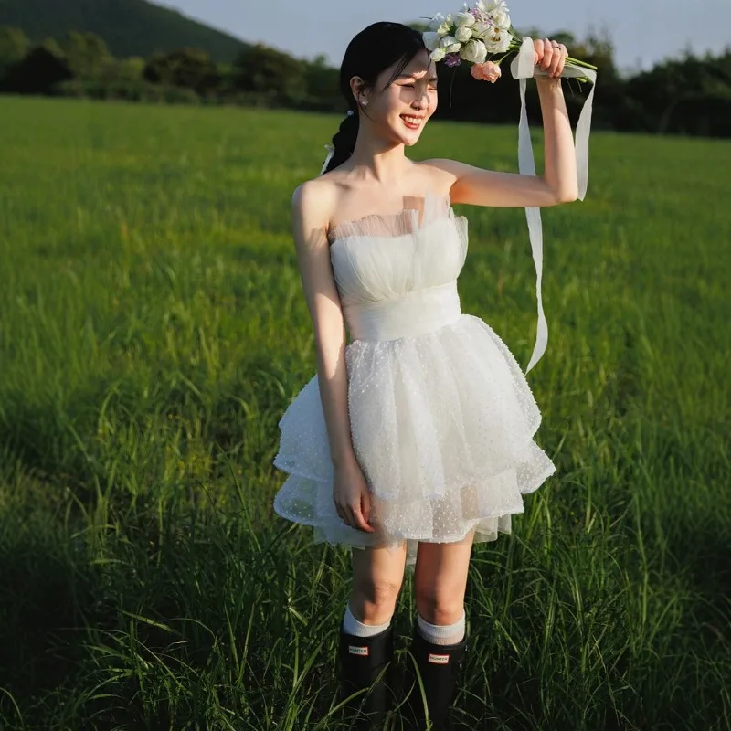 Strapless Dotted Tulle Short Wedding Dress Ruffle Tiered Mini Bridal Gown Custom Color Photo Shoot Party Homecoming Dress