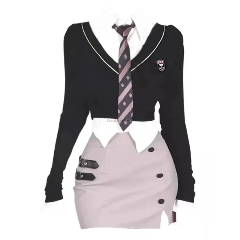 

new korea girl fashion style daily jk uniform chic long sleeve shirt sweet sexy pure jk wrap buttock skirt set for femalev FD1;6
