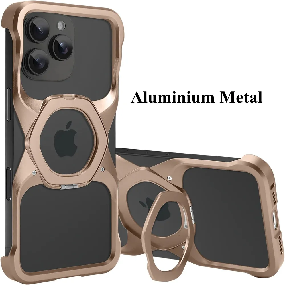 Hollow Aluminium Metal Phone Case for iPhone 14 15 16 Pro Max Plus Anti-fall Shockproof Heavy Armor Bracket Bumper Cover