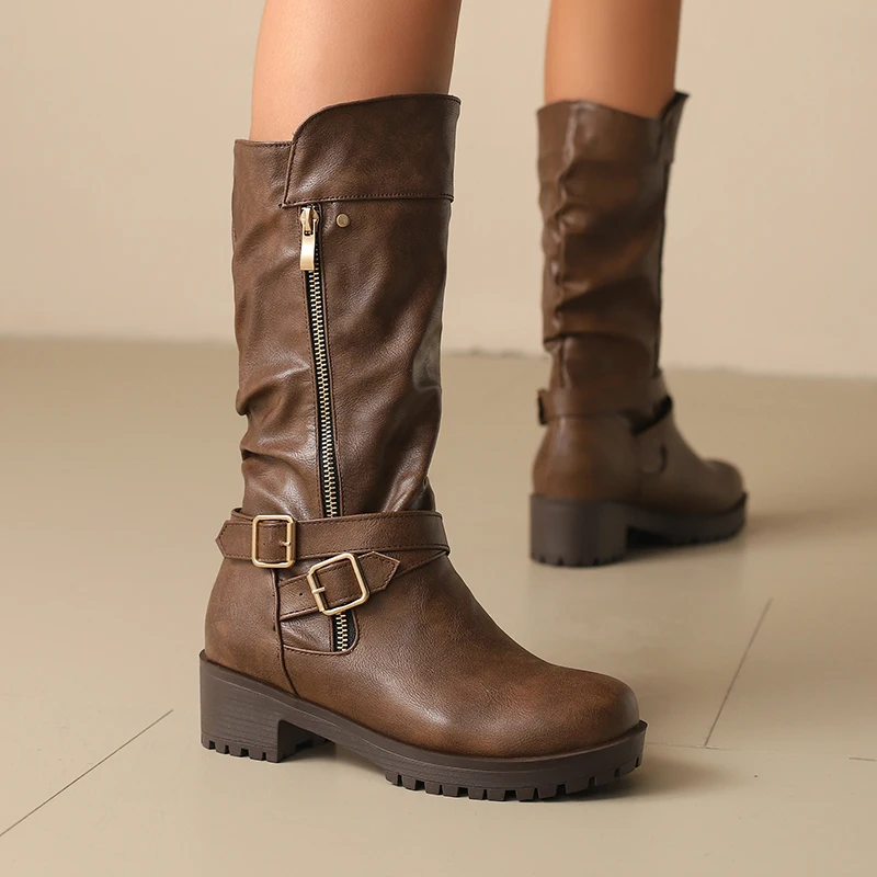 

Plus Size Zip Ankle Cross Double Row Belt Buckle Anti Slip Rubber Thick Heel Women's Mid-Calf Boots Ankle Sleeves Western Boots