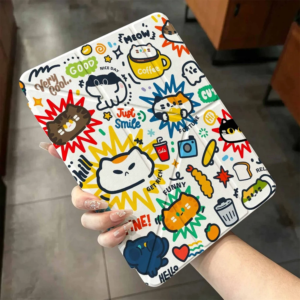 Cute Doodle Cat Pattern For iPad Pro 11 12.9 13 A16 M2 M4 M3 M5 Shell 9.7 10.2 5/6/7/8/9/10/11th Mini Air 3 4 5 6 Cover