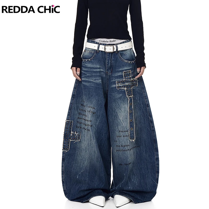 REDDACHiC Studs Cross Boyfriend Jeans Vintage Washed Stitch Raw Edge Pockets Carrot Fit Wide Leg Graphic Pants Women Streetwear