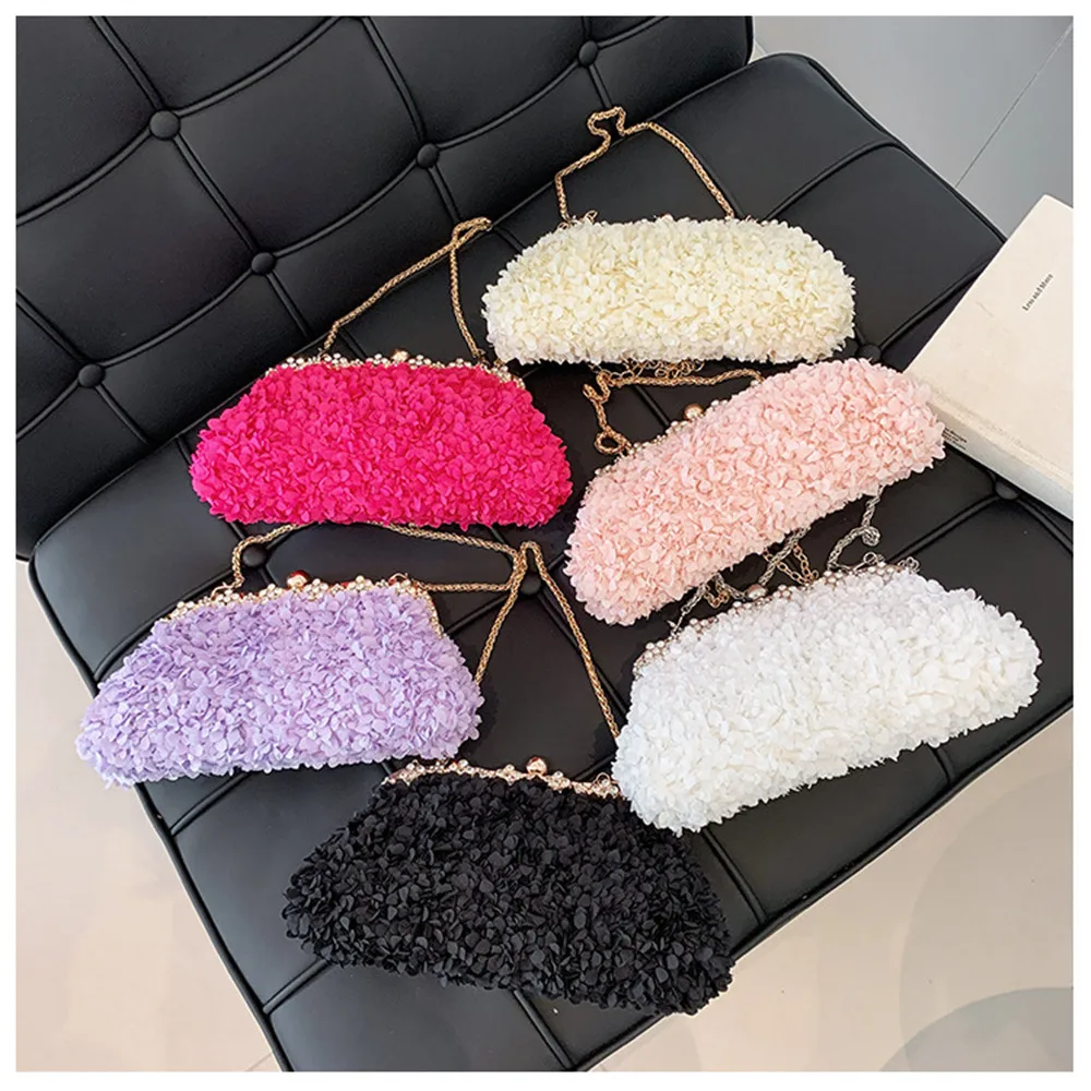 Women 3D Floral Evening Purse Rhinestone Kiss Lock Frame Clutch Bag Chain Strap Wedding Party Bag