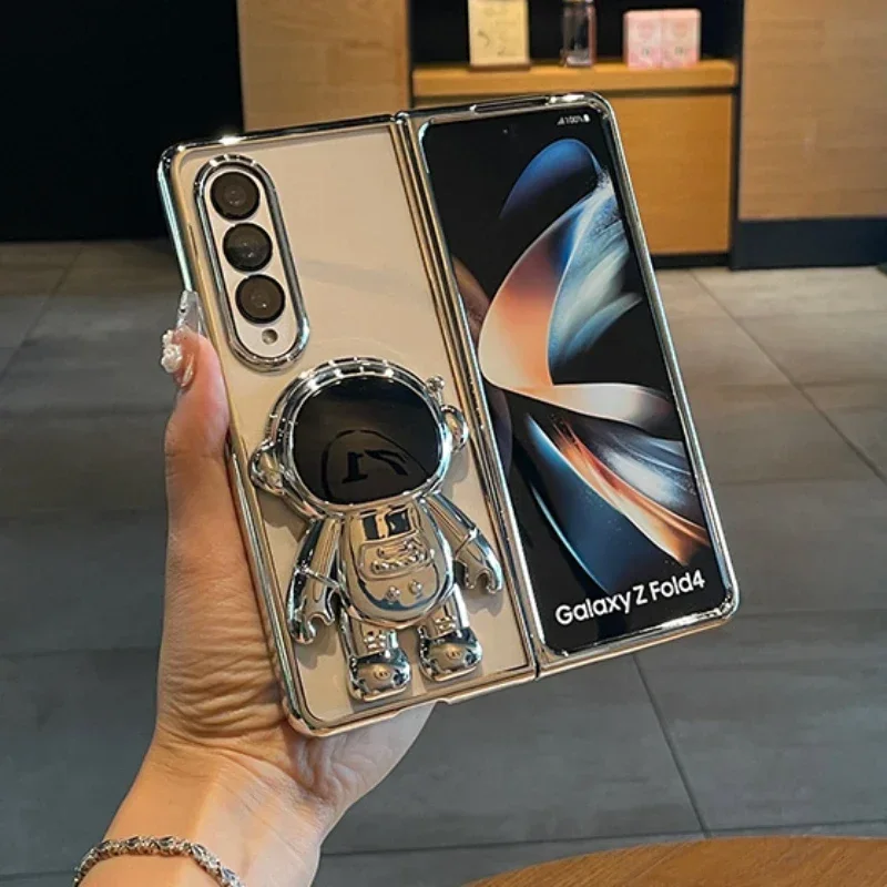 Astronaut Electroplated Clear Phone Case for Samsung Galaxy Z Fold 6 5 4 3 Fold6 Fold5 Fold4 Fold3 Transparent Kickstand Cover