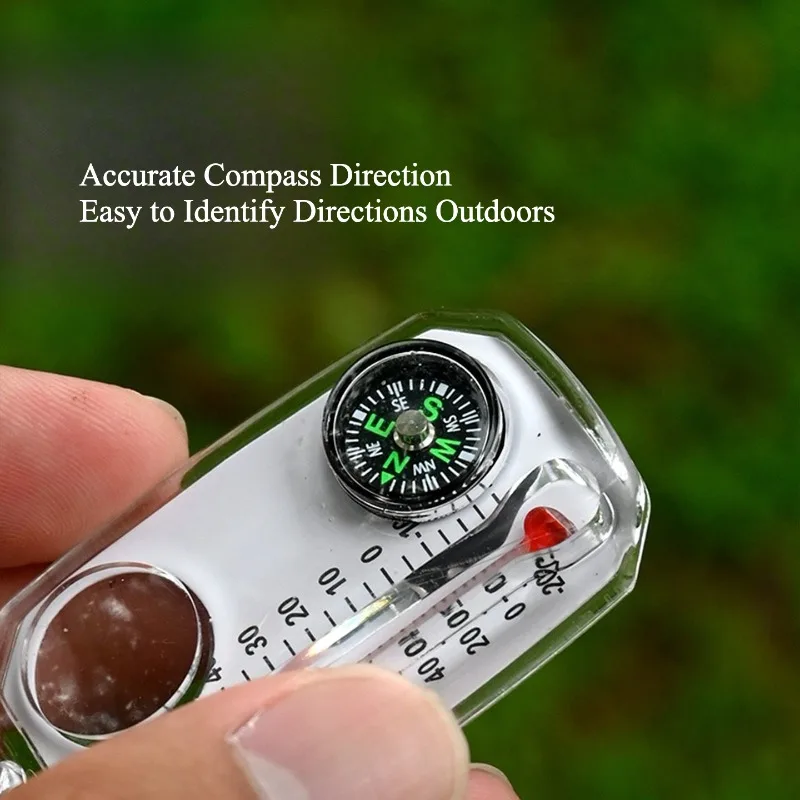 Outdoor Survival Compass Keychain, Portable Mini Compass with Thermometer and Magnifying Glass