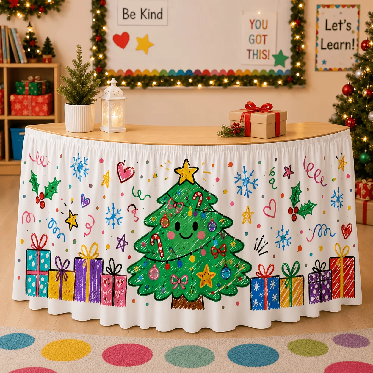 1 tablecloth table skirt, children's crayon Christmas table skirt, smiley face Christmas tree, colorful gift box.