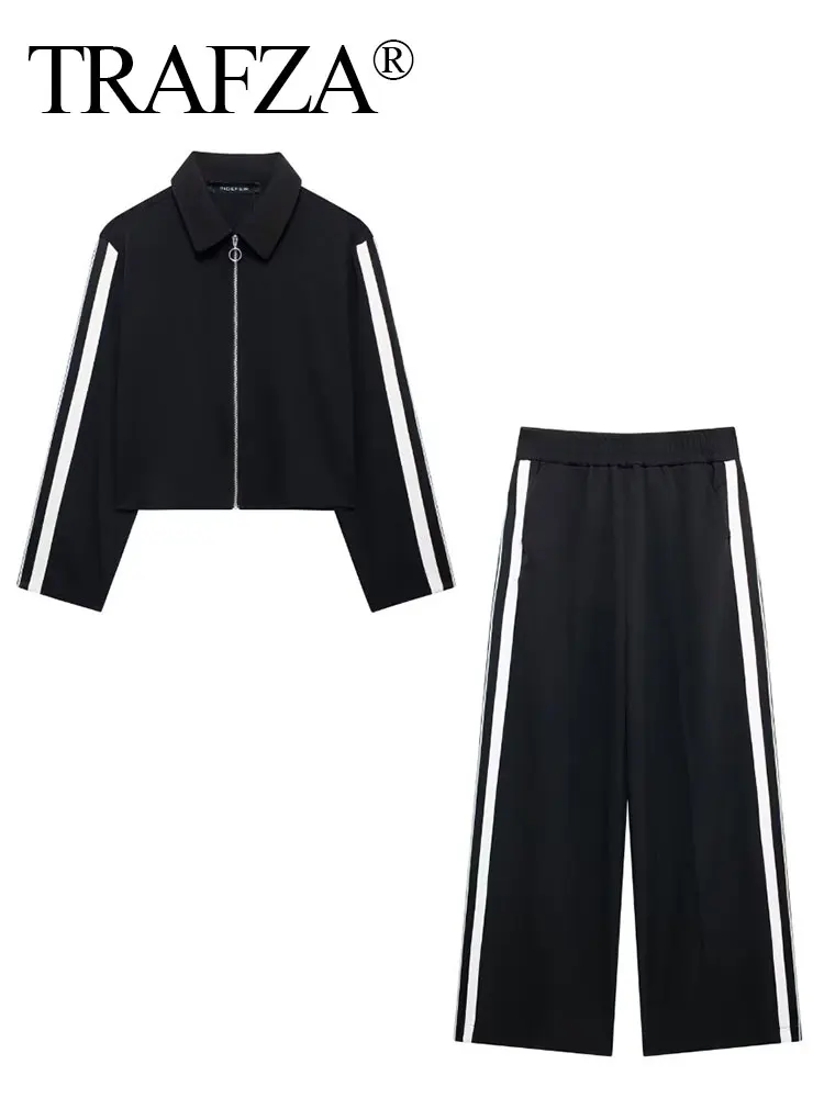 TRAFZA 2024 New Women Casual Black Trousers Suits Sports Short Jacket + Female Vinatge Black White Patchwork Baggy Pants Street