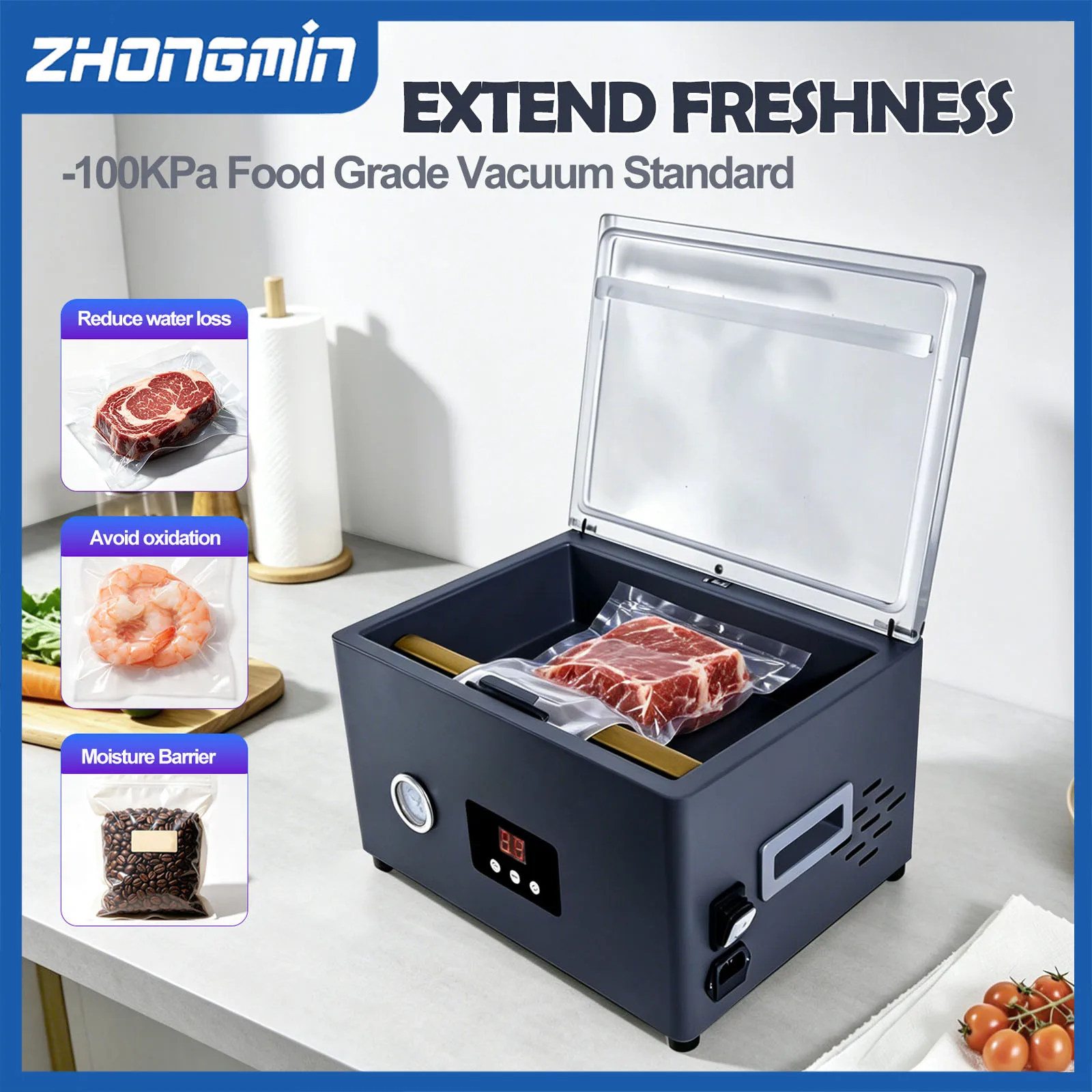 ZM-CVS300 Food Vacuum Sealer Machine Electric Auto Vacuum Packaging Machine Food Preservation Storage for Kitchen 220V/110V