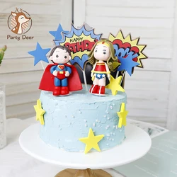 Cartoon Super Hero Happy Birthday Cake Topper Cute PVC Cupcake Topper for Cape Boys Girls Birthday Party Cake Decorations