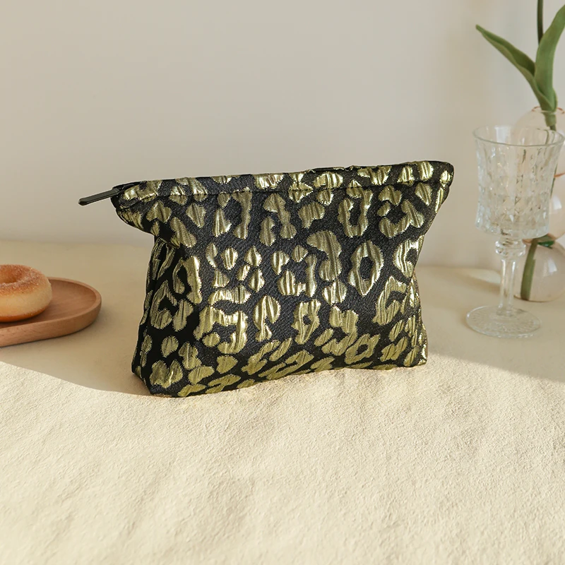 Women's makeup bag, gold leopard print canvas, large capacity cosmetics storage bag, portable toiletry bag, travel liner bag