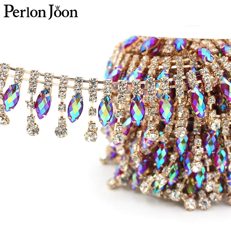 Drop AB Rhinestone trim multicolor crystal gold chain for women clothing decoration shoes accessories ML057