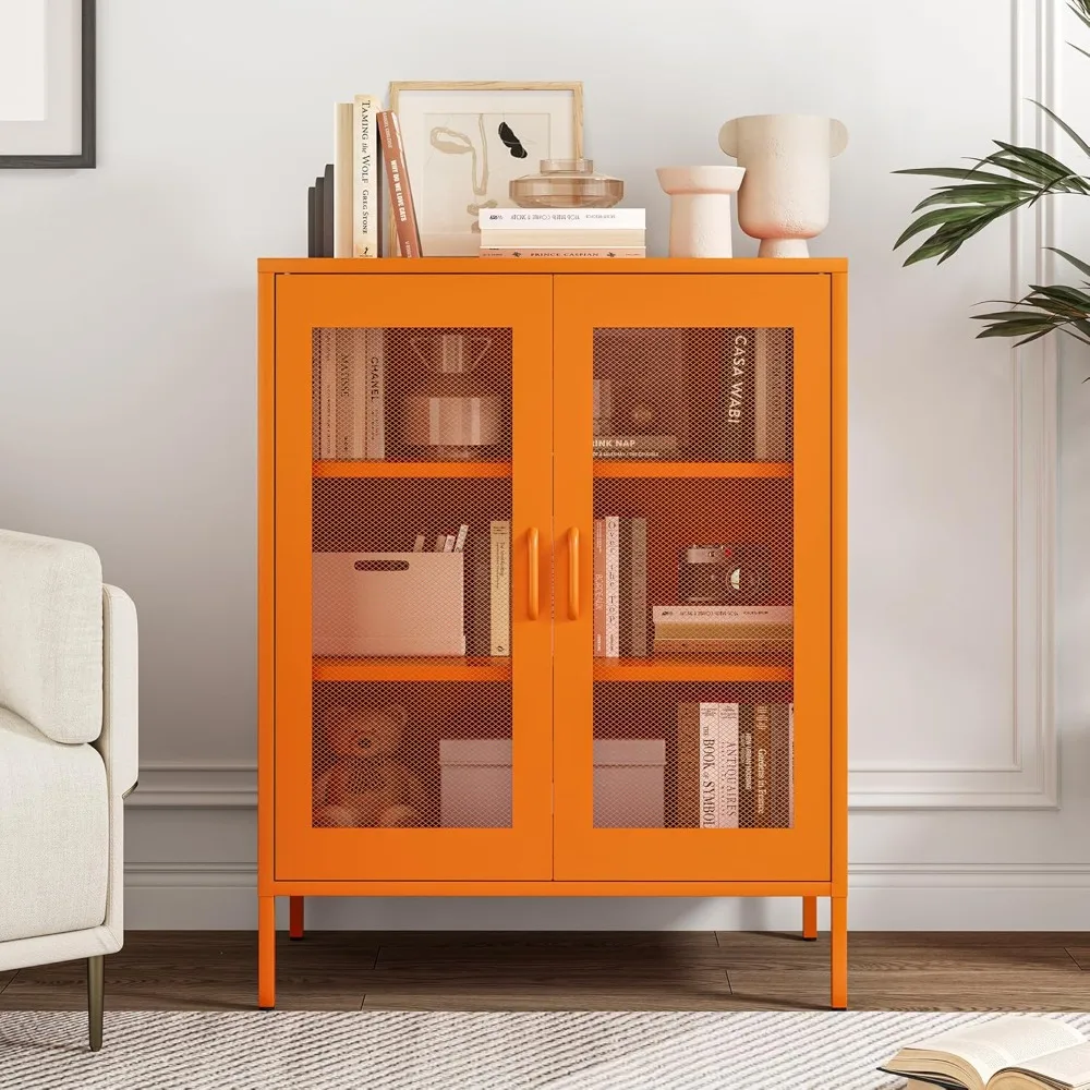 

Metal Locker Storage Cabinet with 2 Mesh Doors and Adjustable Shelves,Orange Metal Locker Cabinets,Coffee Bar Cabinet,Kitchen Pa