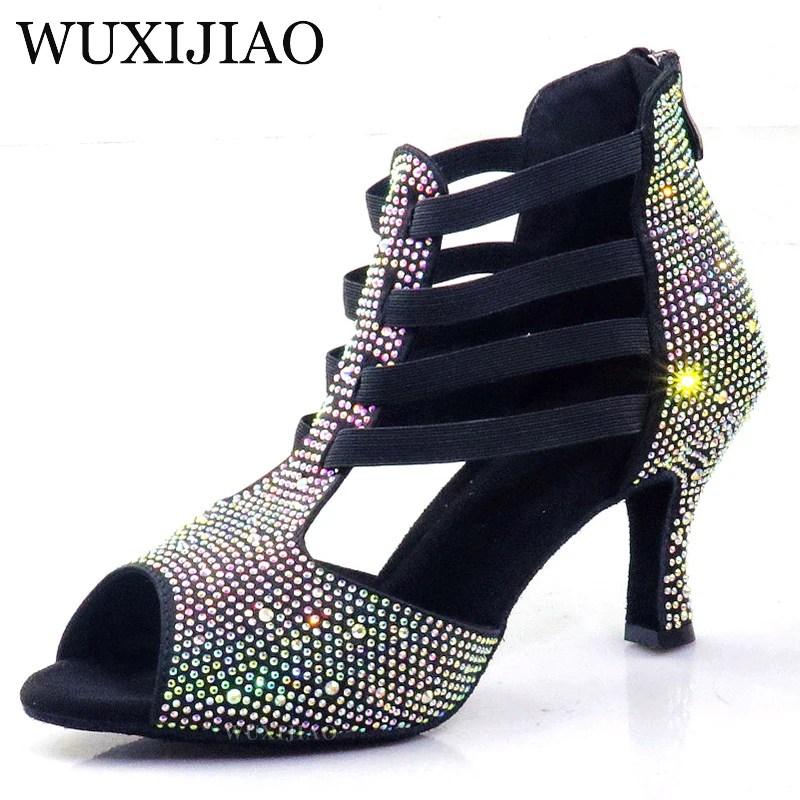 Zapatos latinos de diamantes de imitación de alta gama para mujer, suelas suaves profesionales de interior, cordones de baile de alta gama, zapatos de baile de tacón alto de diamante