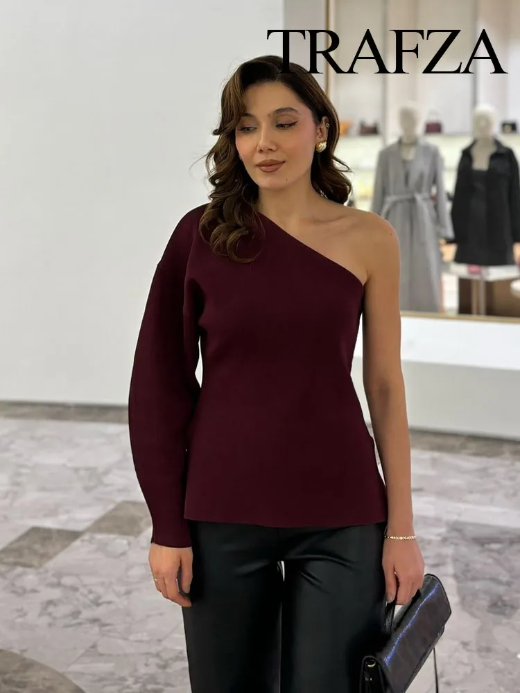 TRAFZA Women Autumn Elegant Knitted Top One Shoulder Split Hem Long Sleeve Decoration Female Asymmetrical Solid 2-Colors Tops