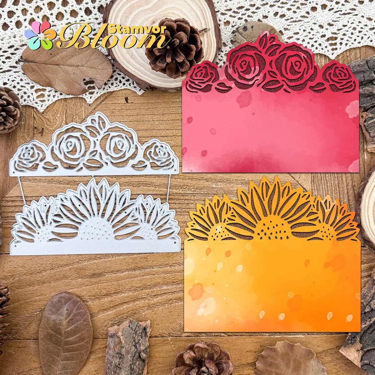 Original schöne Rosen und Sonnenblumen halbgeschnittene Bordüren Metall-Stanzformen Scrapbooking dekorative Prägung