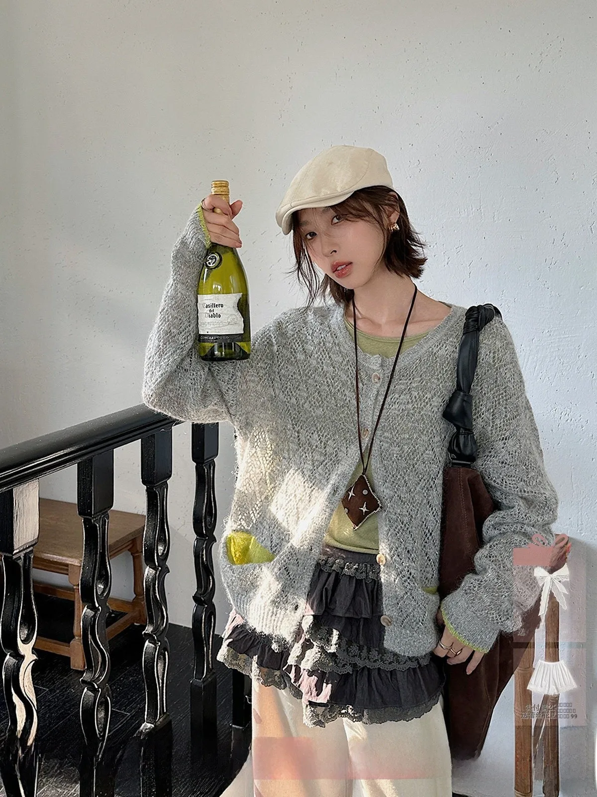 

REREK Hollow out round Ne Color Blo Fce Knit Open Cardigan Casual Sle Loose Fit Polyester Fiber Women's Swe...