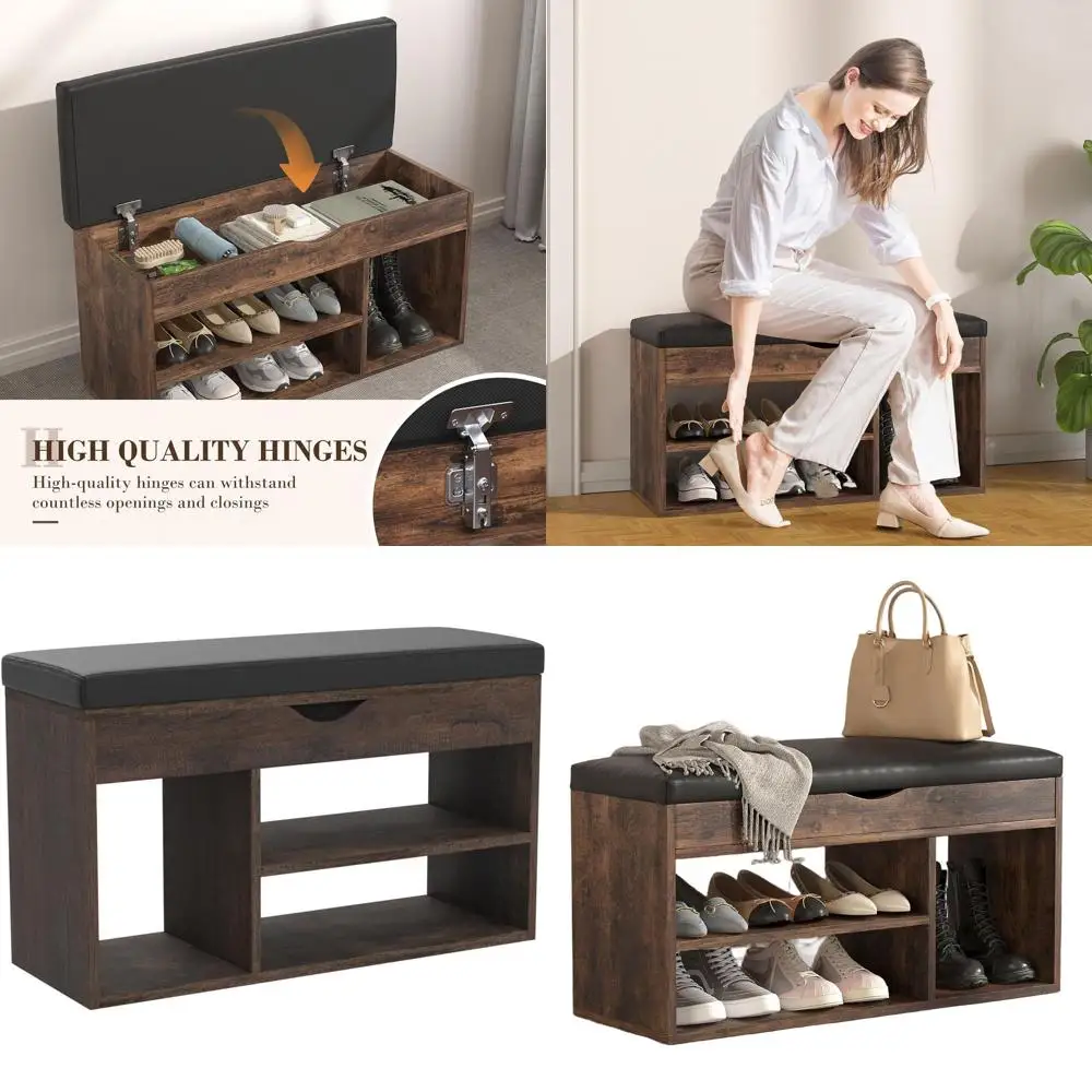 

Скамья для хранения вещей с подушкой, деревянная полка-органайзер для обуви для прихожей и гостиной