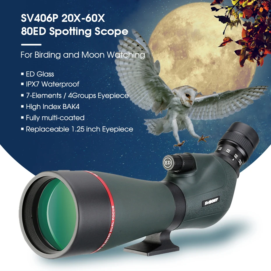 Svbony SV406/SV406P ED Spektiv 20‑60x80/25‑75x100/16‑48x65 Doppelfokus IPX7 Wasserdichtes Teleskop für Vogelbeobachtung und Bogenschießen – Detail 10