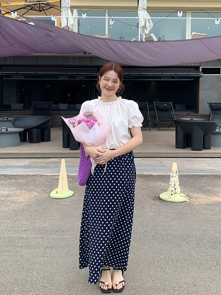 

High Waist Polka Dot Half Skirt Women's Loose A-Line Elastic Waist Long Skirt Korean Style Standard Fit Summer Collection