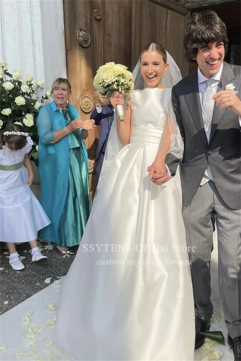 SSYTENS Weißes Hochzeitskleid mit Trägern, Brautparty-Kleider, Schleife hinten, Satin, maßgeschneidertes ziviles Brautkleid, Vestidos De Boda Para Fiestas