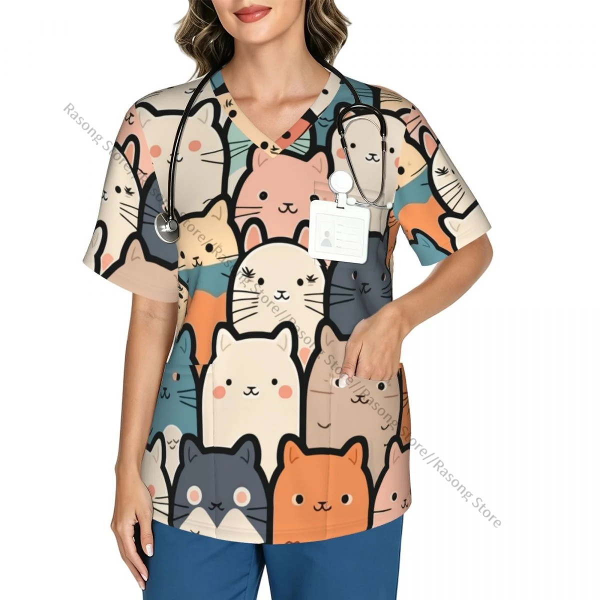 Women V Neck Scrub Top Cartoon Cat Pattern Short Sleeve Nurse Hospital Uniforms Spa Beauty Salon Working Clothes with Pocket