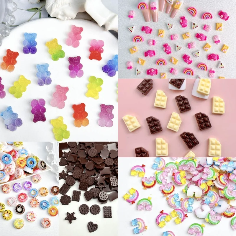 50pcs Random Mixed Resin Nail Charms Candy Chocolate Chip Cookie Donut Gummy Bear Nail Art Decorations Accessories DIY Crafts