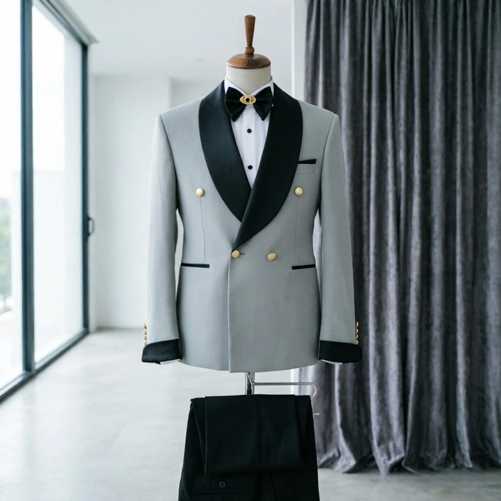 

2 Pieces Wedding Men Suits Men Vintage Grey Black Groom Tuxedo 2 Piece Suit Tailored Double Breasted Blazer for Business Party