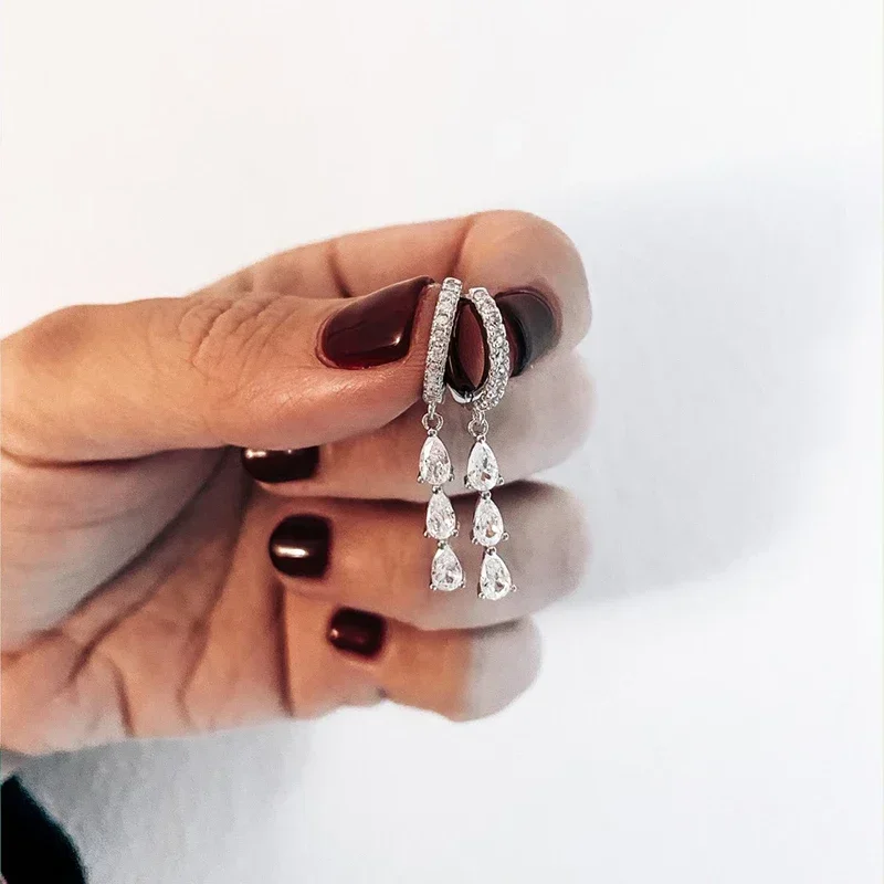 Серьги-кольца из стерлингового серебра 925 пробы с каплями воды, циркониевая цепочка, кулон, серьги-кольца для женщин, роскошные высокие свадебные украшения, аксессуары