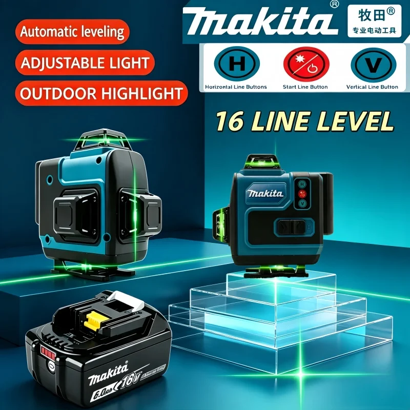 Makita 18V Battery,16Lines4D Green Laser Level, 360°Self Leveling High Precision Horizontal Vertical Cross Line for Construction