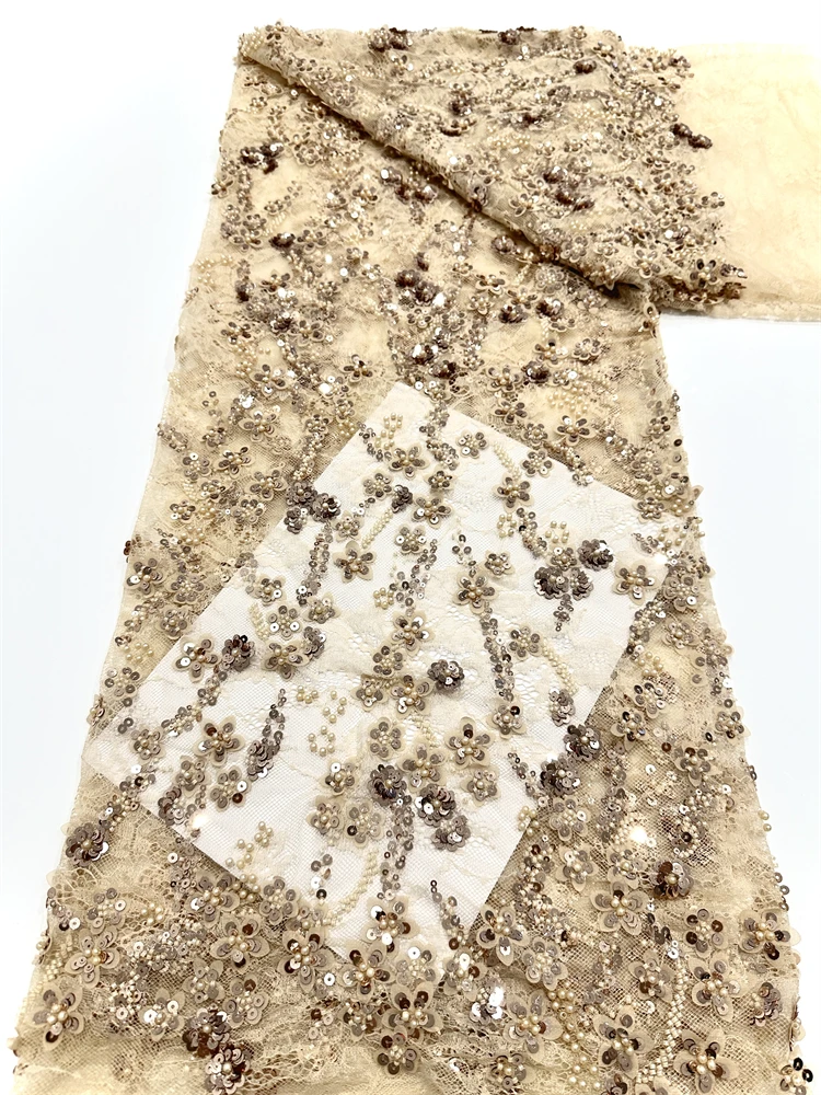 

5 Yards Luxury African Sequins Pearl Groom Lace Fabric 2025 High Quality French Nigerian Beaded Lace Fabric For Wedding Dress