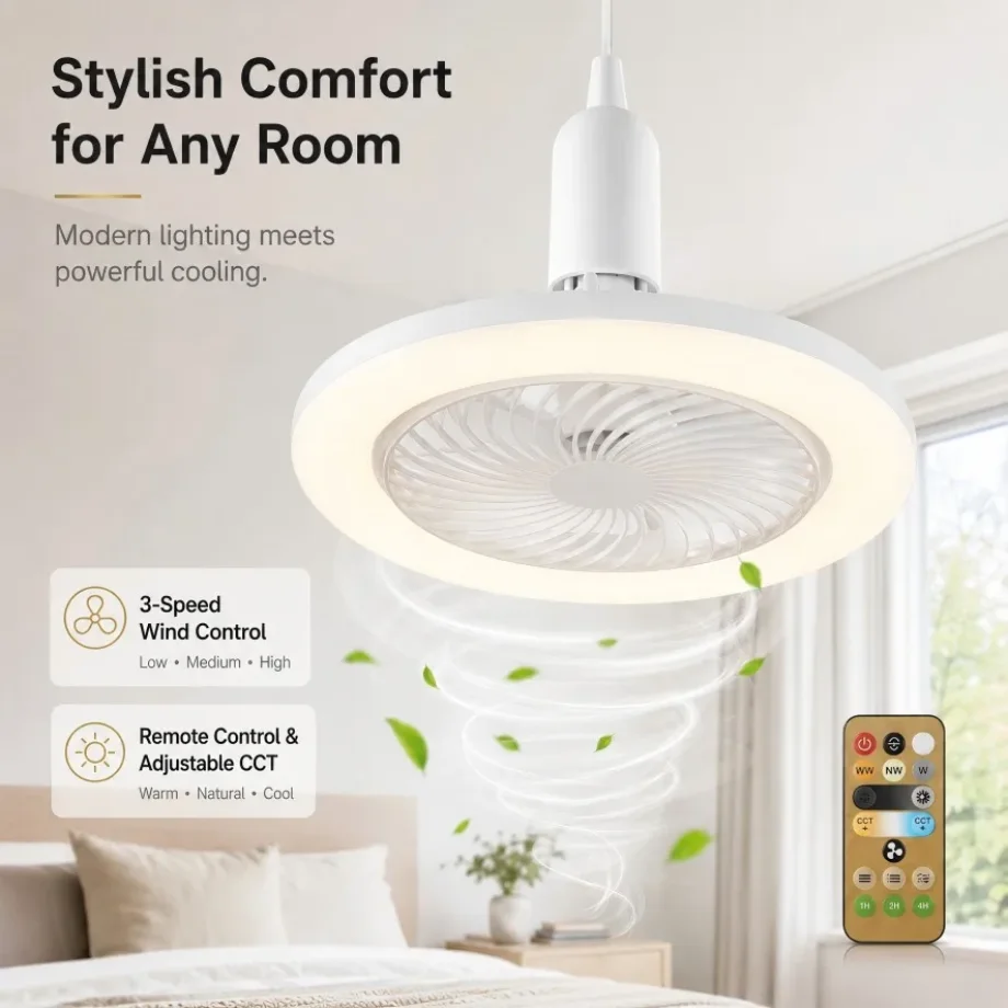 3 in 1 Rotatable Ceiling Fan Light 30W E27 E14 B22 Converter Base Remote Control Lighting Lamp for Bedroom Living Room