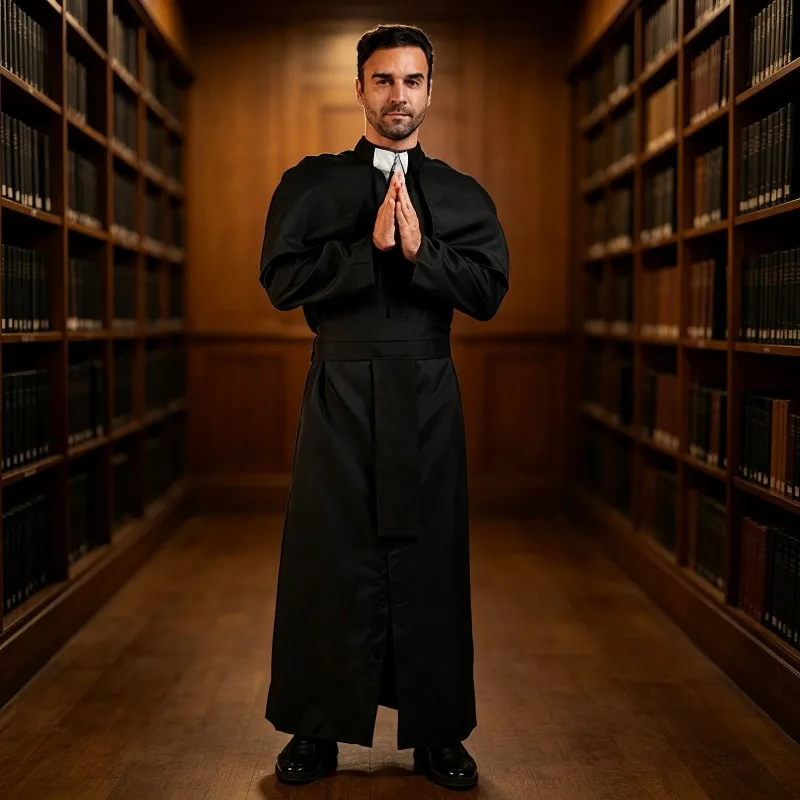 Disfraz Completo de Monje Sacerdote para Halloween con Túnica con Capucha, Collar y Cinturón de Cuerda para Cosplay de Fraile Medieval