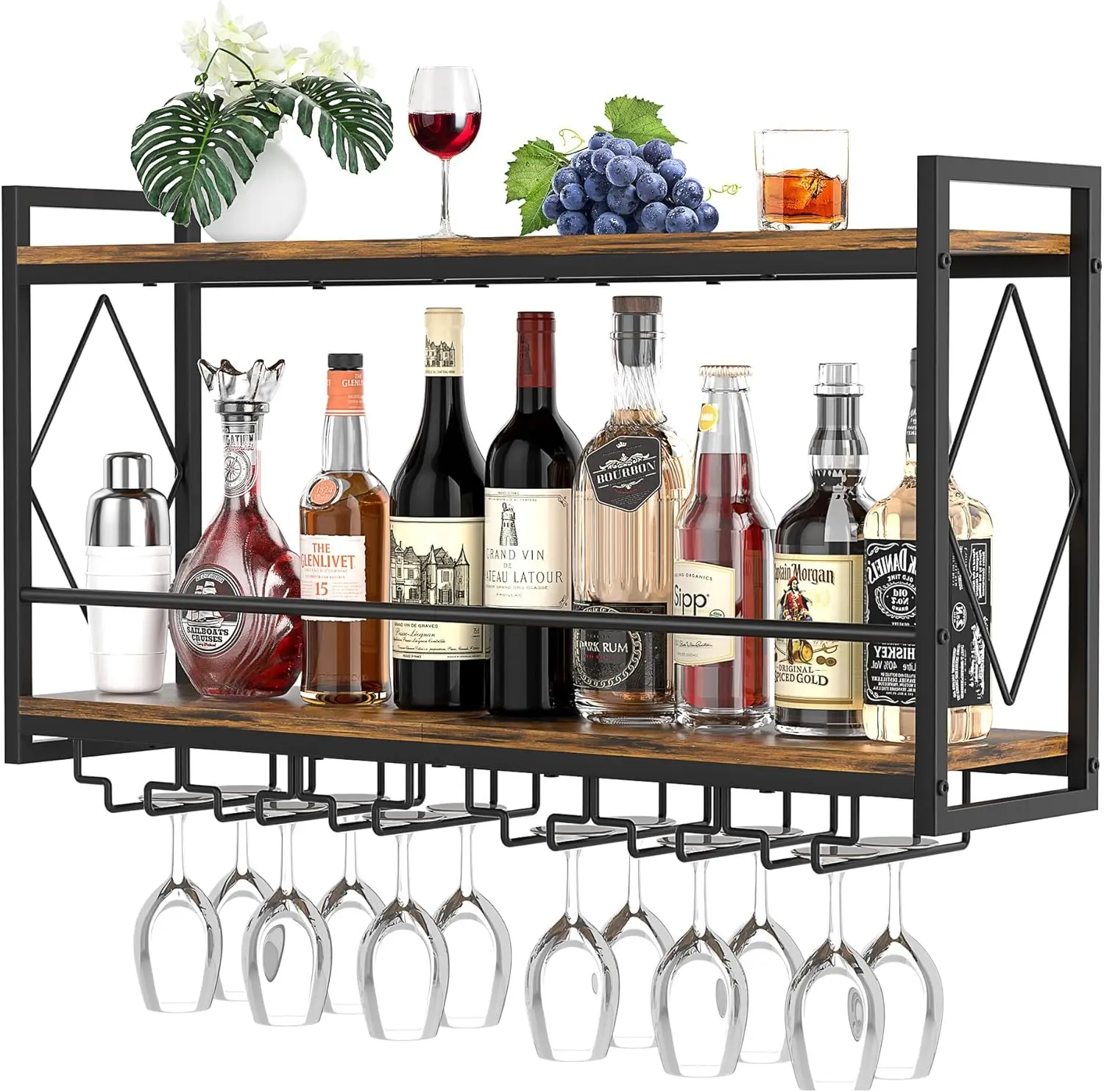 Wall Mounted Wine Rack with LED Light, 31.5" Bar Shelves with Glass Holder, Metal Hanging Storage for Kitchen Home Bar