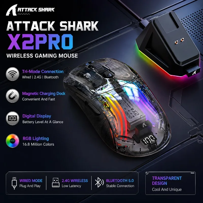 ATTACK SHARK X2PRO Wireless Gaming Mouse Tri Mode Bluetooth RGB Transparent Shell Magnetic Charging Dock Digital Display for PC