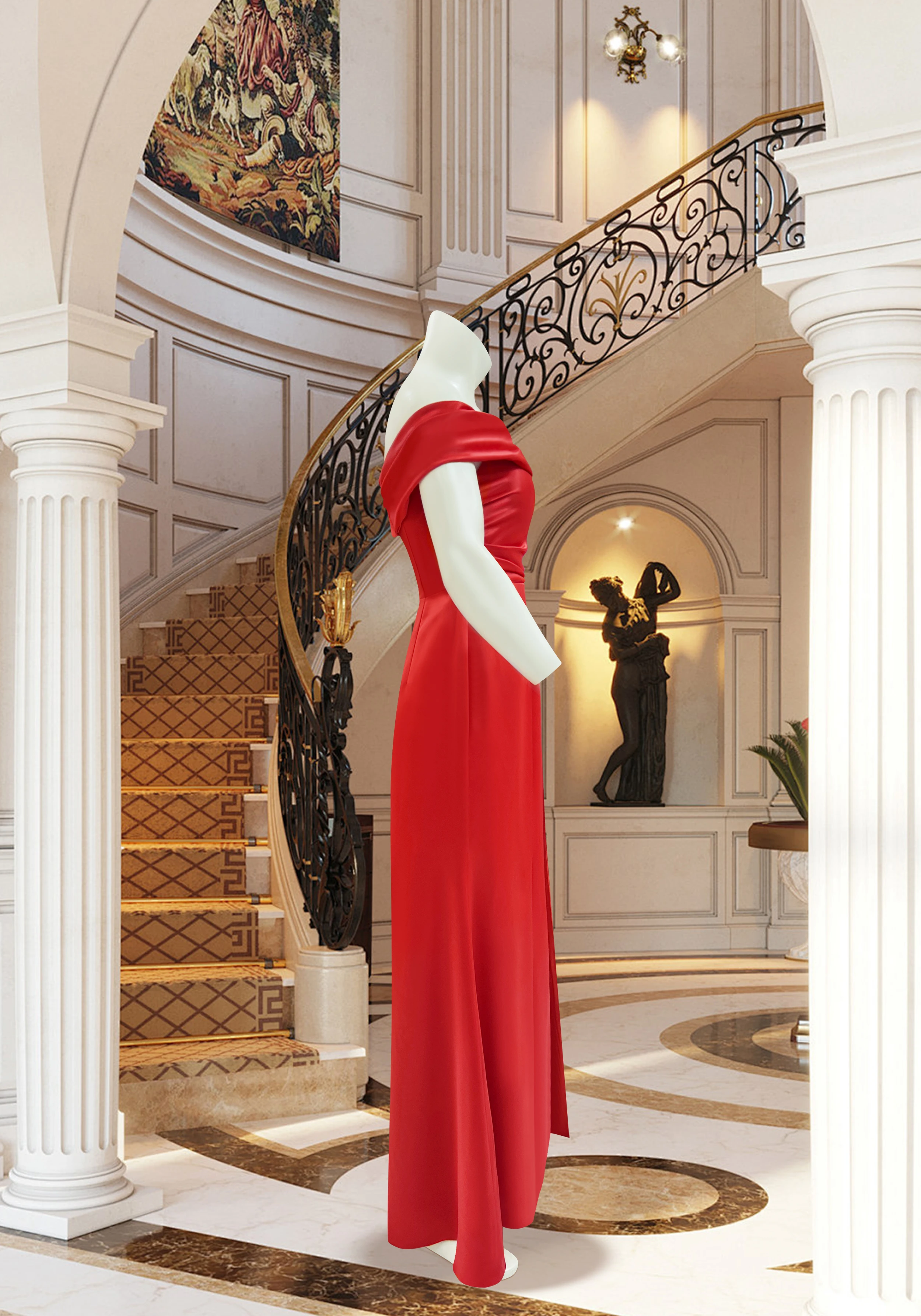 Temperament French red satin slim fit waist cinched one shoulder banquet long skirt formal dress