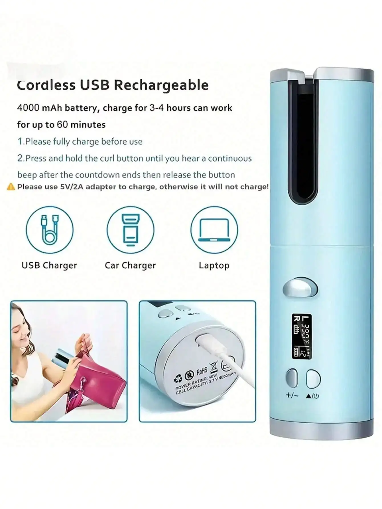 أداة تجعيد الشعر الأوتوماتيكية اللاسلكية مع أسطوانة دوارة من السيراميك، 6 إعدادات لدرجة الحرارة والمؤقت، محمولة وقابلة لإعادة الشحن، سريعة H