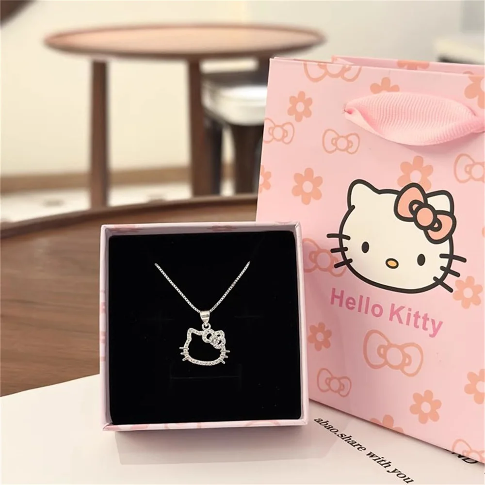 Anime Sanrio naszyjnik HelloKitty Girl wisiorek naszyjnik Kawaii inkrustowany diament kryształowa biżuteria kreskówka pudełko prezent urodzinowy