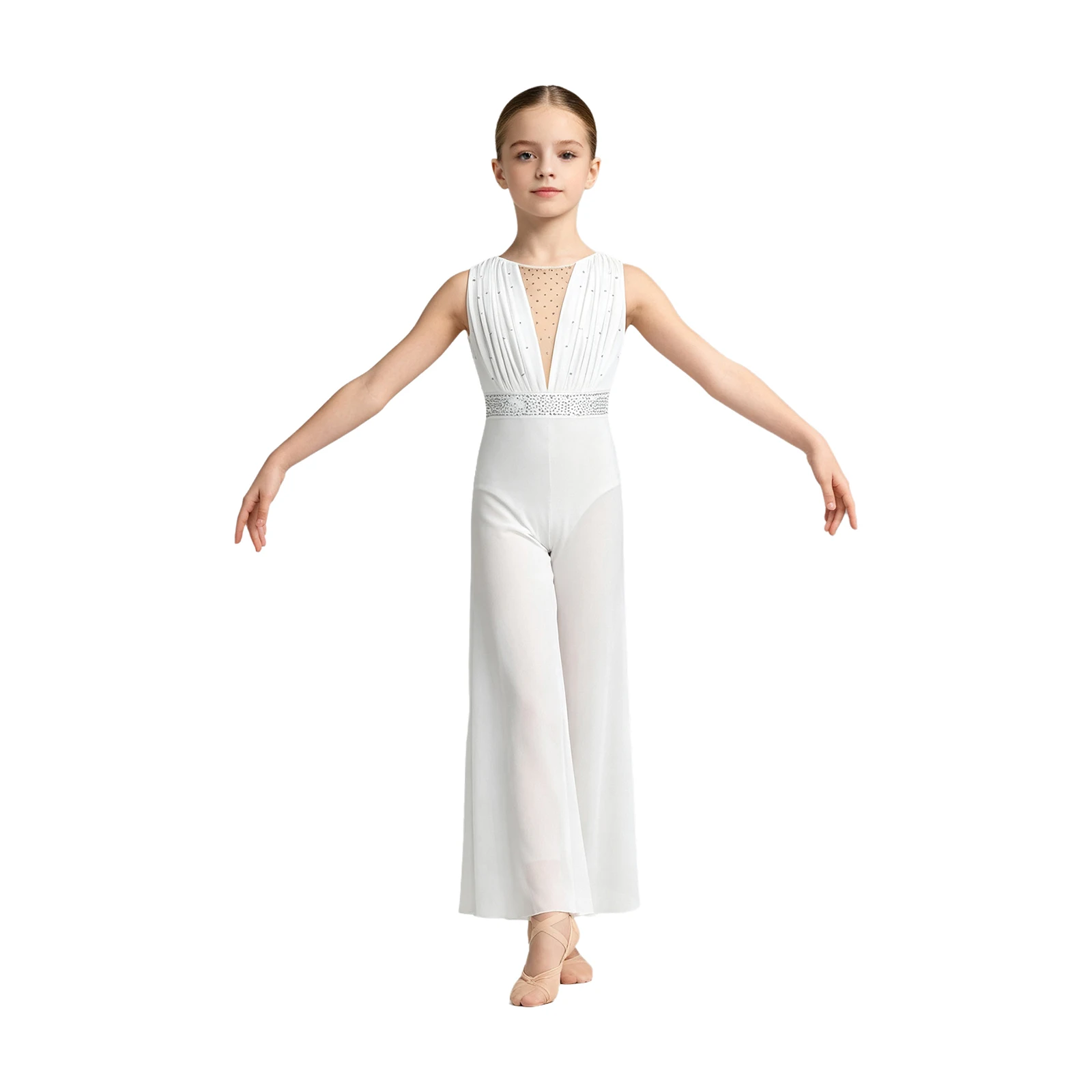 Kinder Mädchen Zeitgenössisches Ballett Lyrisches Tanzkostüm Unitard mit Strassbesetztem Oberteil und Transparenter Weitbeiniger Netzstoffhose – Detail 7