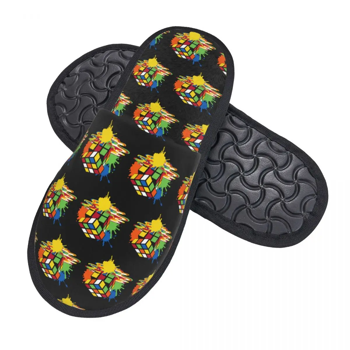 Custom Melting Rubiks Cube Memory Foam Slippers Women Comfy Warm Geometric Math Magic House Slippers