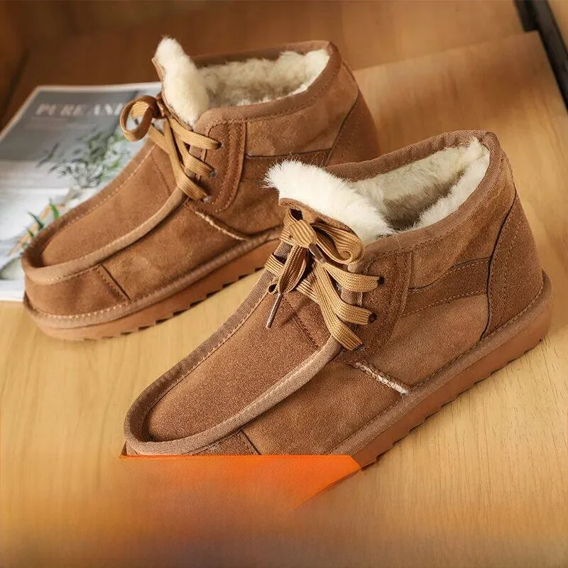 Real Wool High Top Snow Boots Genuine Leather Fur Integrated Thin Strap Couple Style Warm Winter Boots round Toe Short Tube