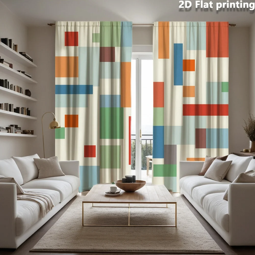 2pcs Mid Century Geometric Curtains Colorful Block Window Drapes Modern Abstract Decor Living Room Bedroom
